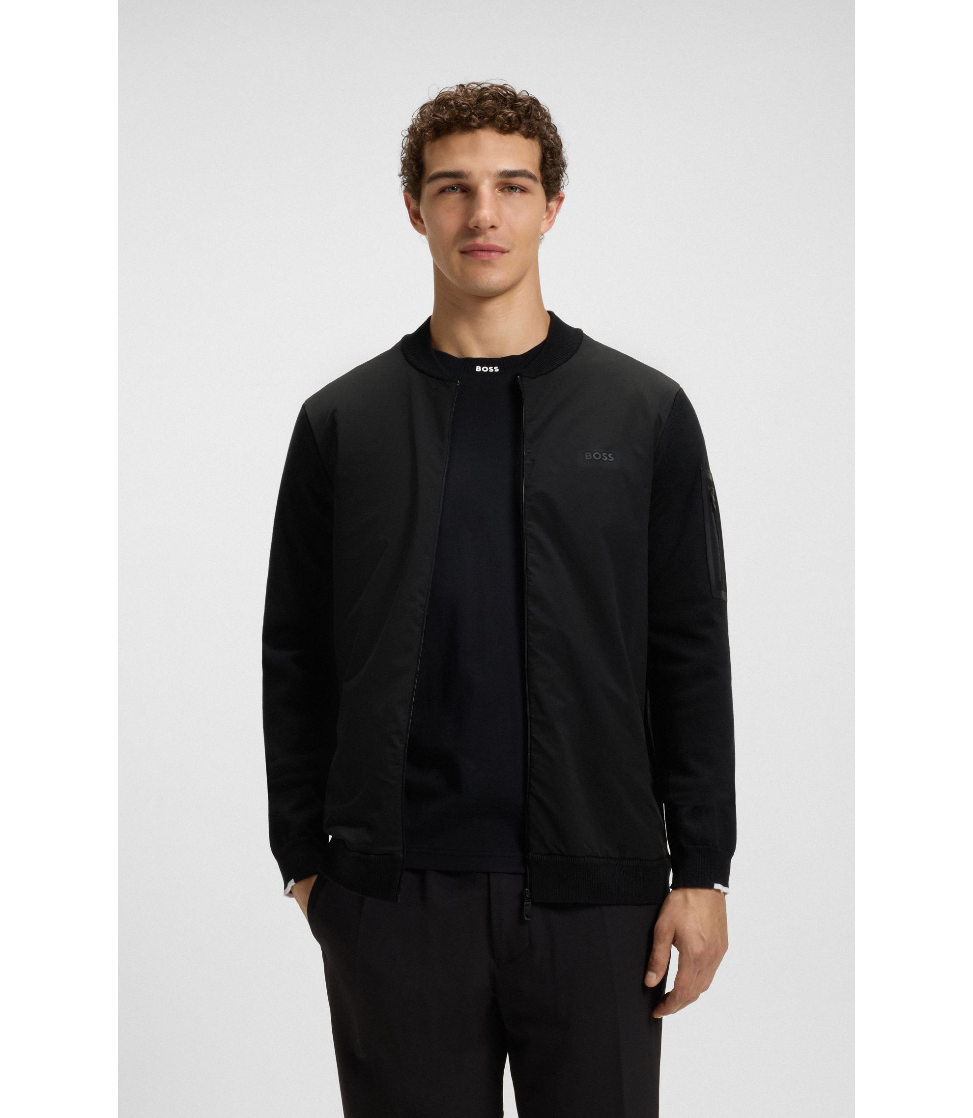 BOSS - Cotton-blend jacket with zipped sleeve pocket - Black