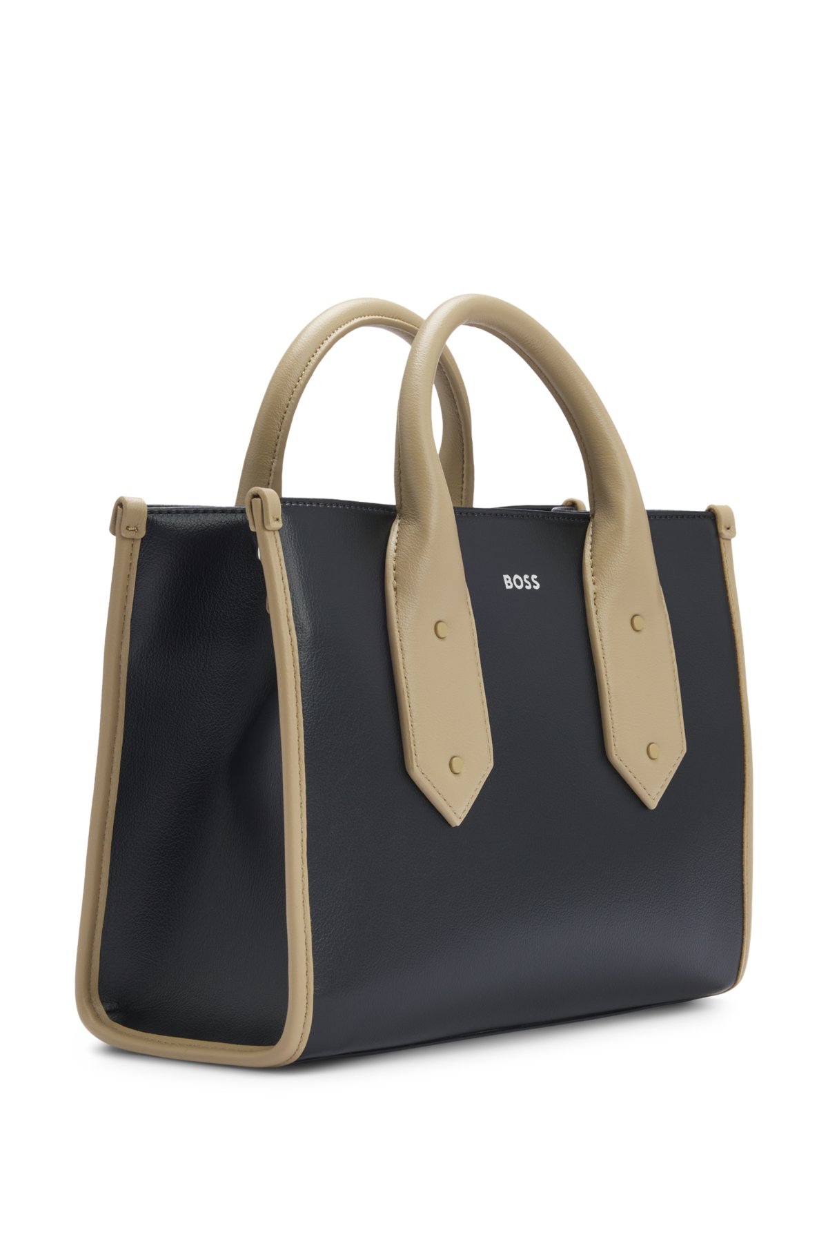 Two-tone faux-leather tote bag with signature details, Black