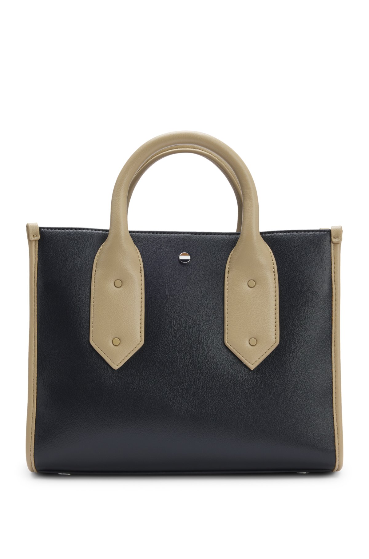 Two-tone faux-leather tote bag with signature details, Black
