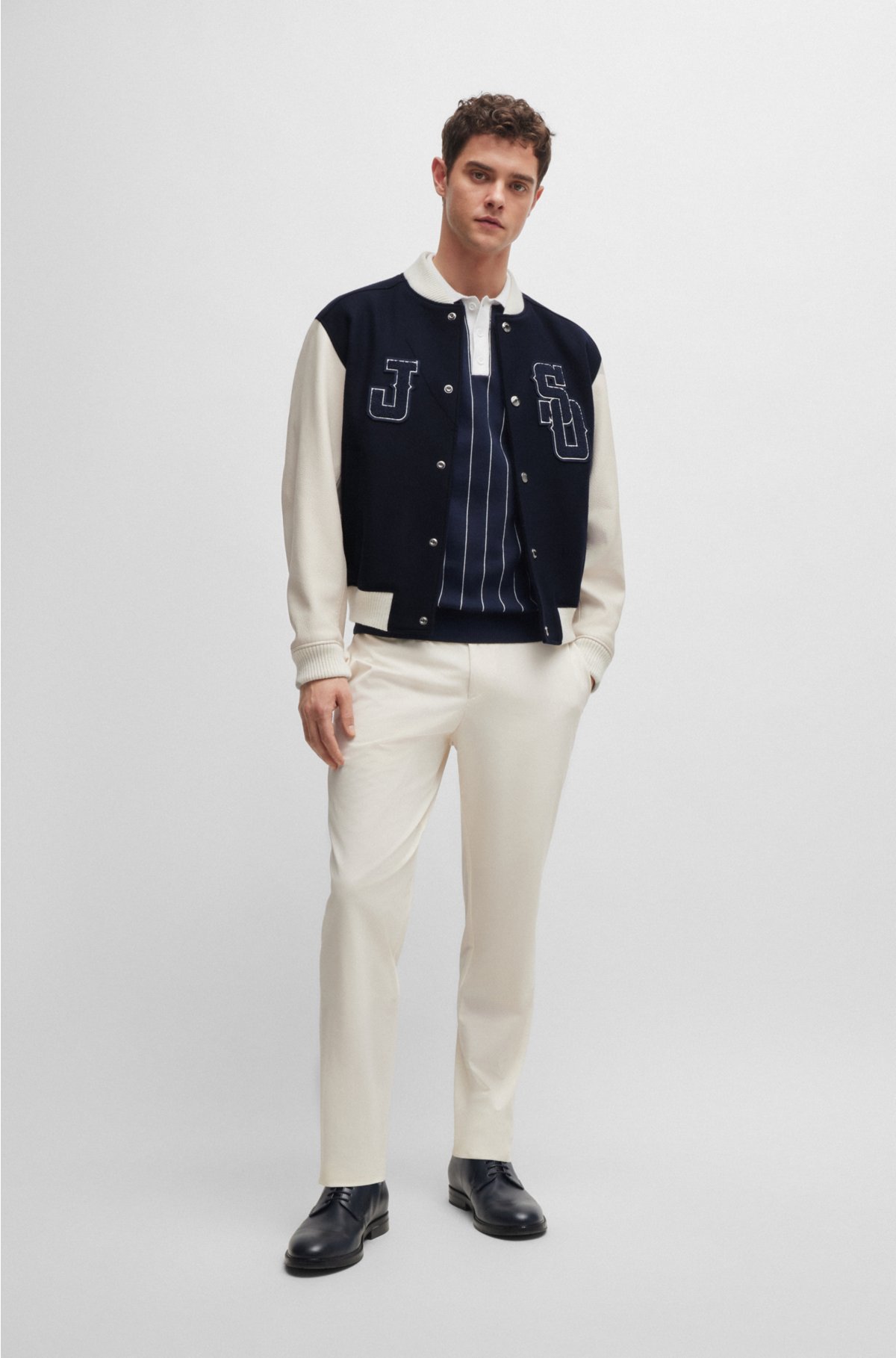 BOSS x Shohei Ohtani wool-blend baseball jacket with monogram details, White / Dark Blue