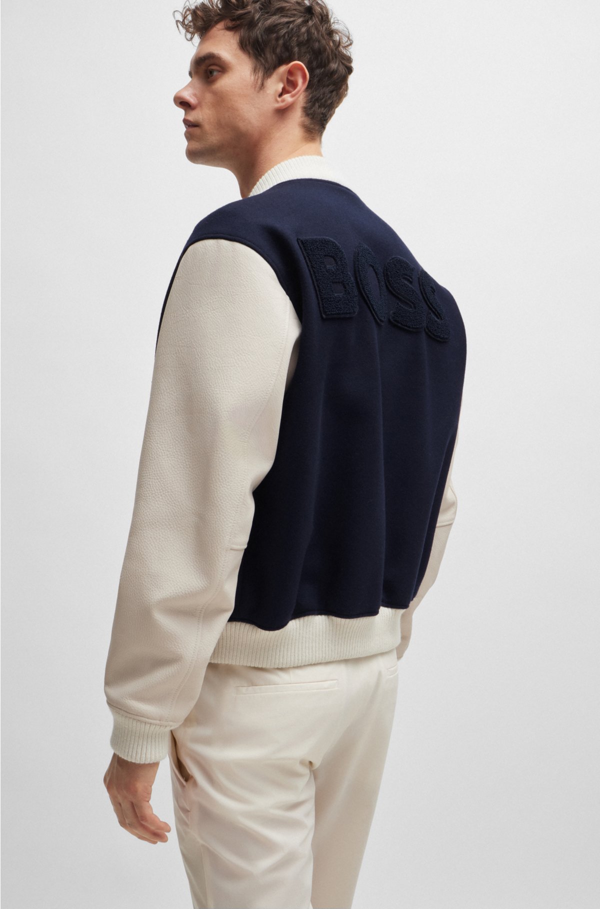 BOSS x Shohei Ohtani wool-blend baseball jacket with monogram details, White / Dark Blue