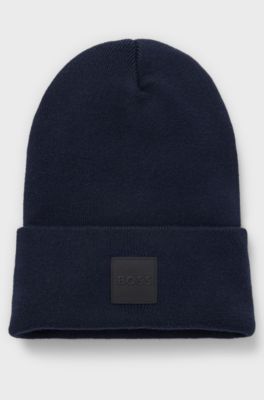 Beanie van katoen met logolabel, Donkerblauw