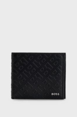 Monogram-embossed leather wallet and card holder gift set, Black