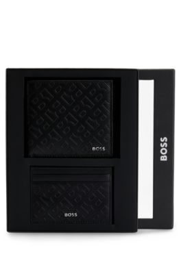 Monogram-embossed leather wallet and card holder gift set, Black