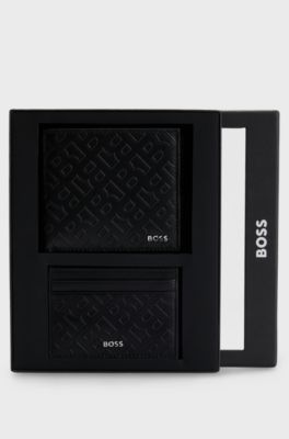 Monogram-embossed leather wallet and card holder gift set, Black