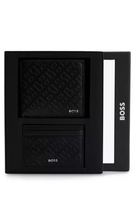 Monogram-embossed leather wallet and card holder gift set