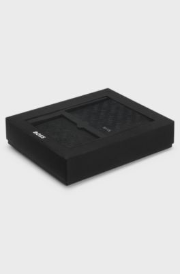 Monogram-embossed leather wallet and card holder gift set, Black