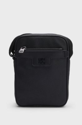 Grained faux-leather reporter bag with stacked-logo trim, Black