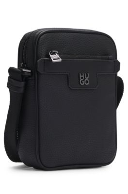 Grained faux-leather reporter bag with stacked-logo trim, Black