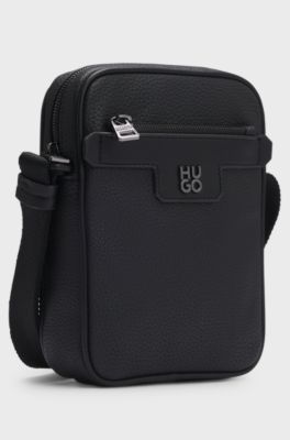 Grained faux-leather reporter bag with stacked-logo trim, Black