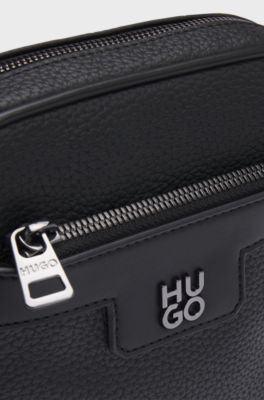 Grained faux-leather reporter bag with stacked-logo trim, Black