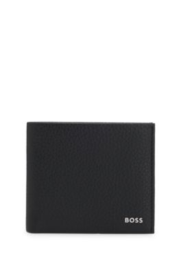 Grained-leather billfold wallet with metal logo, Black
