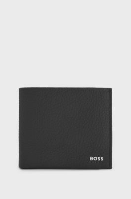 Portefeuille en cuir grain&eacute; avec logo en m&eacute;tal, Noir