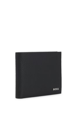 Grained-leather billfold wallet with metal logo, Black