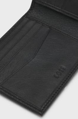 Grained-leather billfold wallet with metal logo, Black