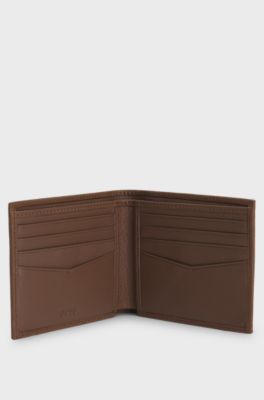 Billfold-portemonnee van generfd leer met metalen logo, Bruin