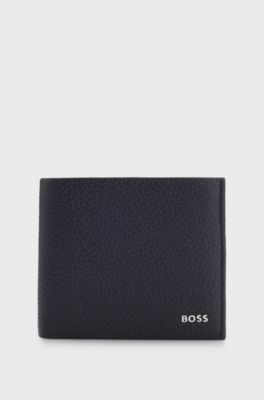 Portefeuille en cuir grain&eacute; avec logo en m&eacute;tal, Bleu fonc&eacute;