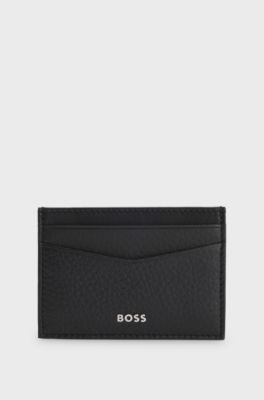 Branded card holder in grained leather with money clip, Black
