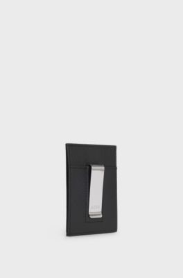 Branded card holder in grained leather with money clip, Black