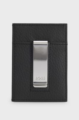 Branded card holder in grained leather with money clip, Black