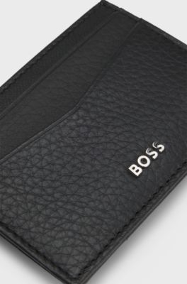 Branded card holder in grained leather with money clip, Black