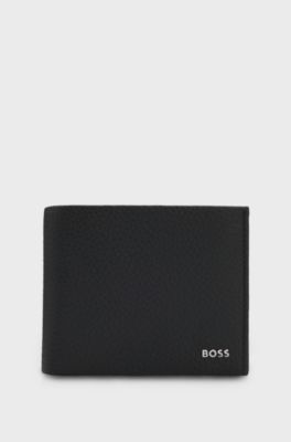Trifold wallet in grained leather with metallic logo lettering, Black