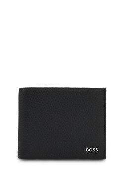 Trifold wallet in grained leather with metallic logo lettering