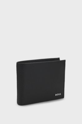Trifold wallet in grained leather with metallic logo lettering, Black