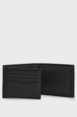 Portefeuille &agrave; trois volets en cuir grain&eacute; avec logo m&eacute;tallique, Noir