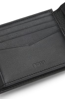 Trifold wallet in grained leather with metallic logo lettering, Black