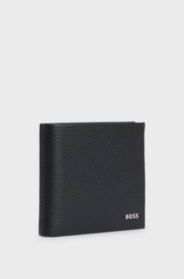 Grained-leather wallet with metal logo lettering, Black