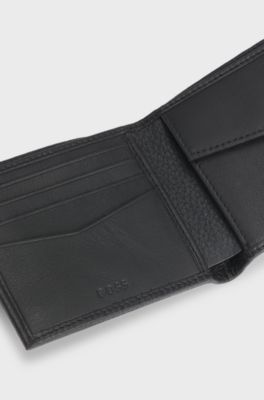 Grained-leather wallet with metal logo lettering, Black