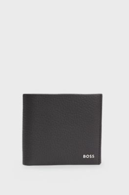 Grained-leather wallet with metal logo, Dark Brown
