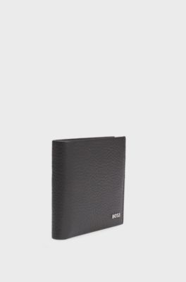 Grained-leather wallet with metal logo lettering, Dark Brown