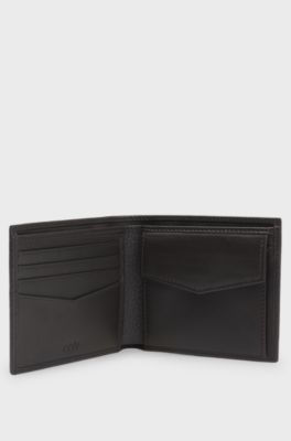 Grained-leather wallet with metal logo lettering, Dark Brown