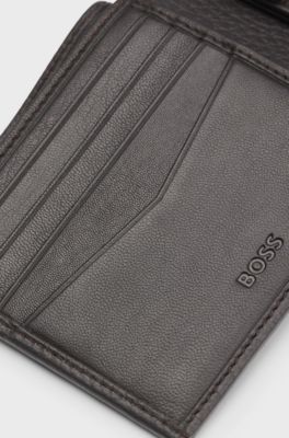 Grained-leather wallet with metal logo, Dark Brown