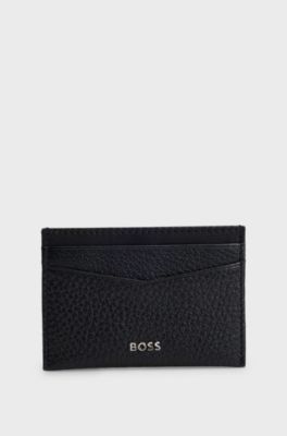 Grained-leather card holder with metal logo, Black