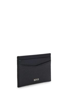 Card holder in grained leather with metallic logo lettering, Black