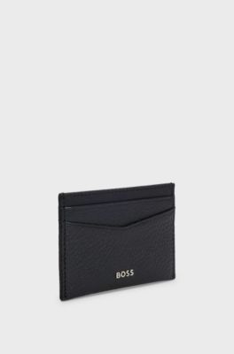 Grained-leather card holder with metal logo, Black