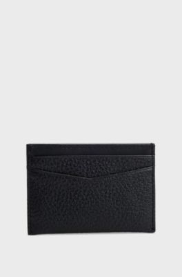 Grained-leather card holder with metal logo, Black