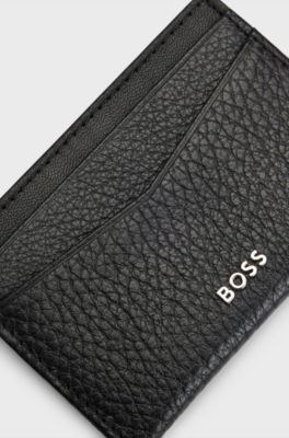 Grained-leather card holder with metal logo, Black