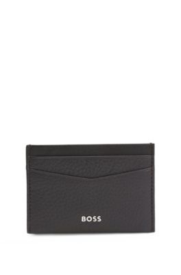 Card holder in grained leather with metallic logo lettering, Dark Brown