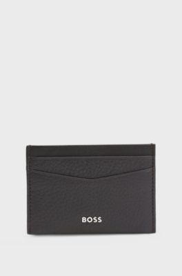 Grained-leather card holder with metal logo, Dark Brown