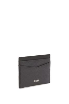 Card holder in grained leather with metallic logo lettering, Dark Brown