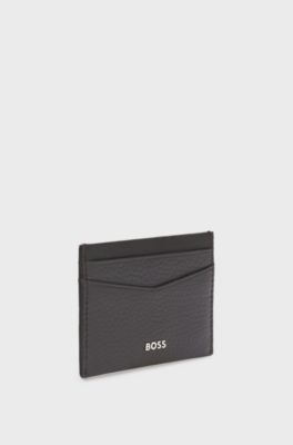 Grained-leather card holder with metal logo, Dark Brown