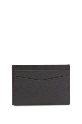 Card holder in grained leather with metallic logo lettering, Dark Brown
