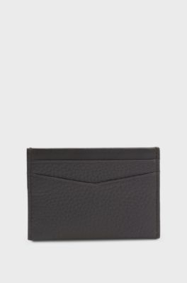 Grained-leather card holder with metal logo, Dark Brown