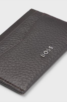 Grained-leather card holder with metal logo, Dark Brown