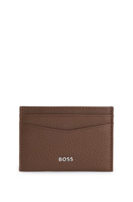 Card holder in grained leather with metallic logo lettering, Brown