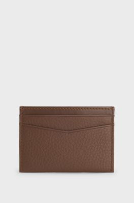 Grained-leather card holder with metal logo, Brown